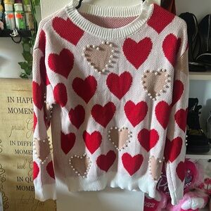 Red and Cream Heart Pattern Crew Neck Sweater